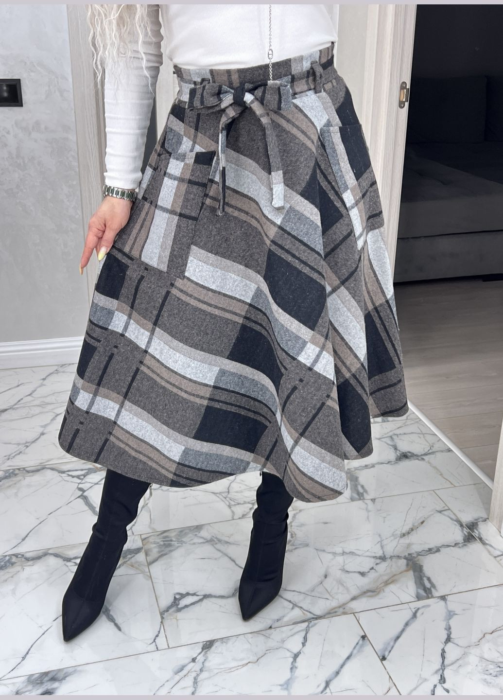 Светло-коричневая офисная, повседневная, кэжуал в клетку женская теплая юбка меди в клетку с добавлением шерсти классическая повседневная No Brand
