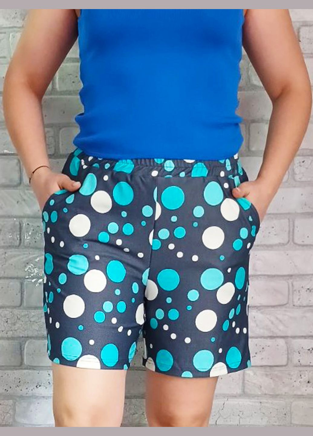 Шорты стрейчевые женские короткие с карманами в крупный горох, стрейч джинс No Brand (322135856)