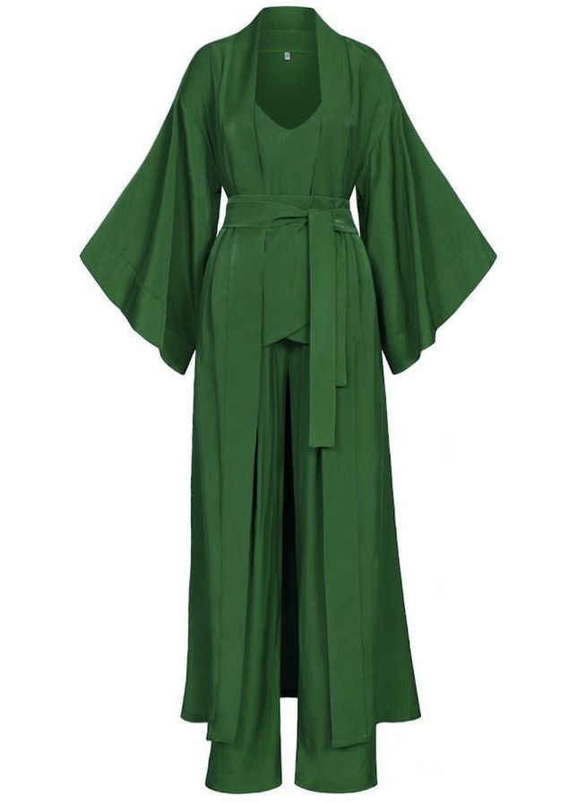 Зеленая комплект женский тройка - кимоно под пояс, топ на широких бретелях и свободные брюки зеленый рай Garna