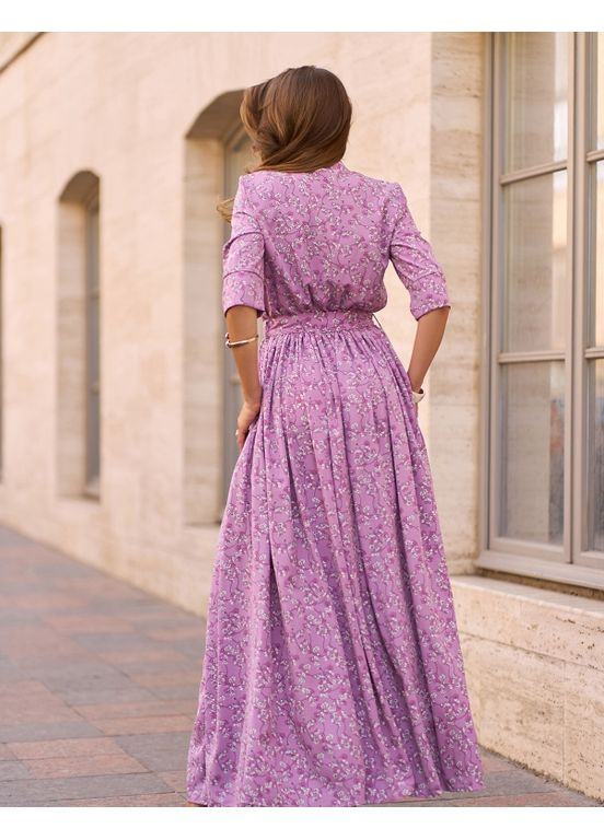 Сливовое повседневный цветочное длинное платье с разрезом клеш ISSA PLUS с цветочным принтом