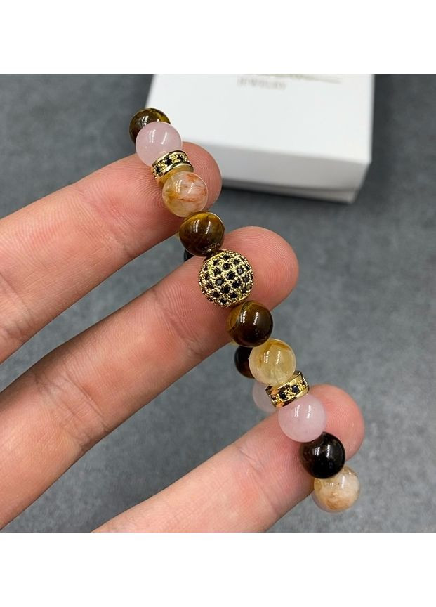 Браслет из тигрового глаза, лимона и розового кварца с шаром и дисками золотого цвета (90127) Hemst (362026733)