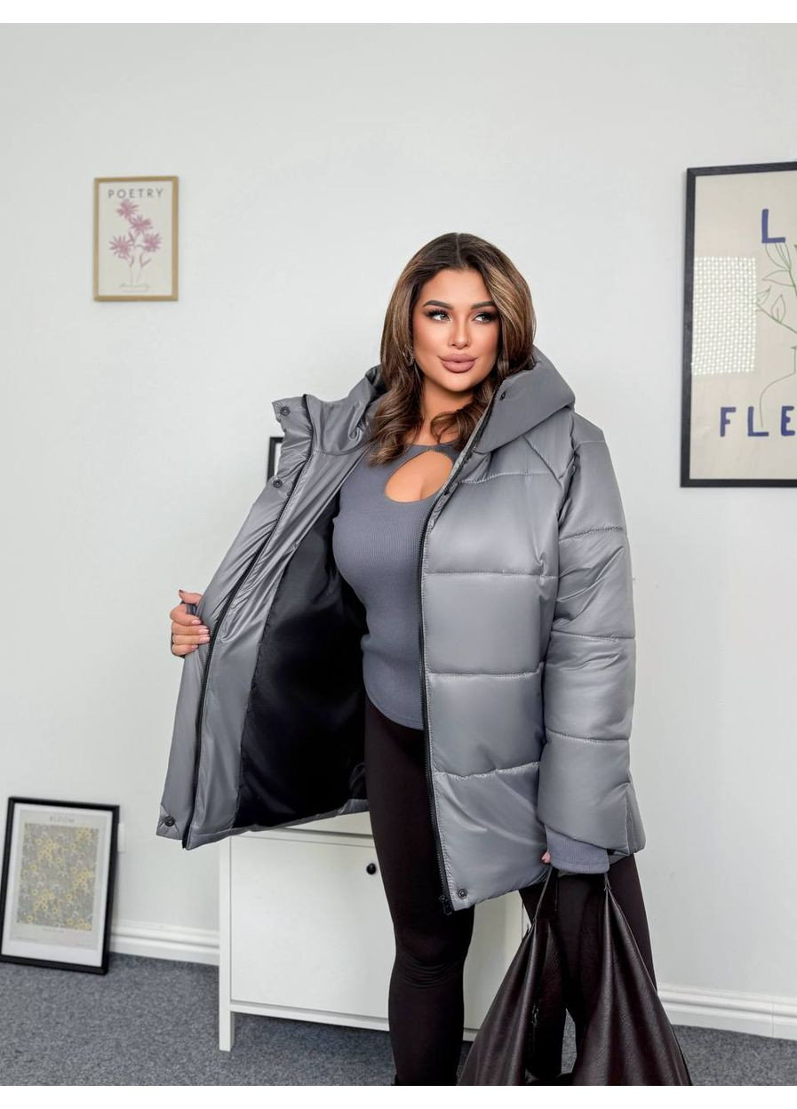 Сіра зимня жіноча куртка з плащівки на синтепоні — заміри в описі куртка-пальто DK/DL Мода без кордонів