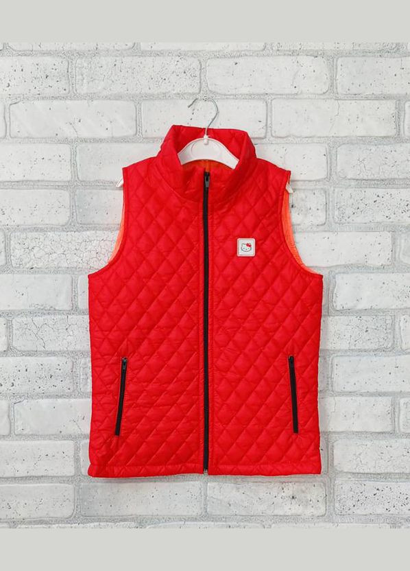 Комбинированная демисезонная яркий красный стеганный детский жилет для девочки на молнии с карманами, синтепон No Brand