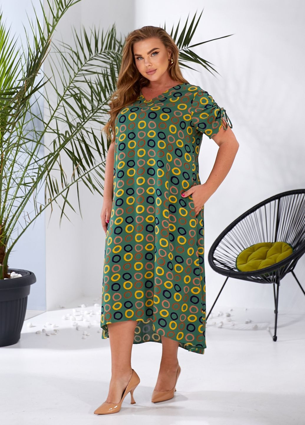 Зелена повсякденний, кежуал сукня максі штапельна з короткими рукавами дзвін, а-силует No Brand з геометричним візерунком