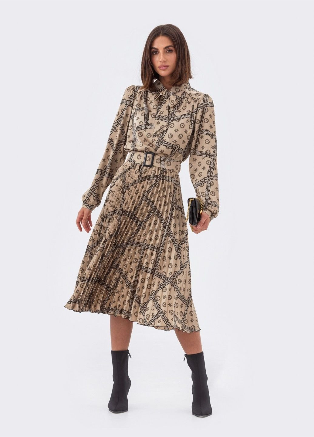 Бежева кежуал бежева сукня-кльош довжини міді з принтом кльош Dressa