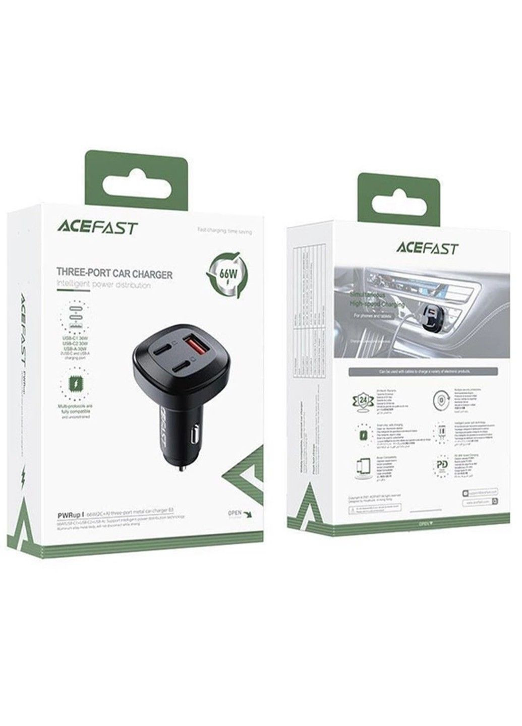 АЗУ B3 66W(USB-C+USB-C+USB-A) three-port metal car charger Acefast (294724169)