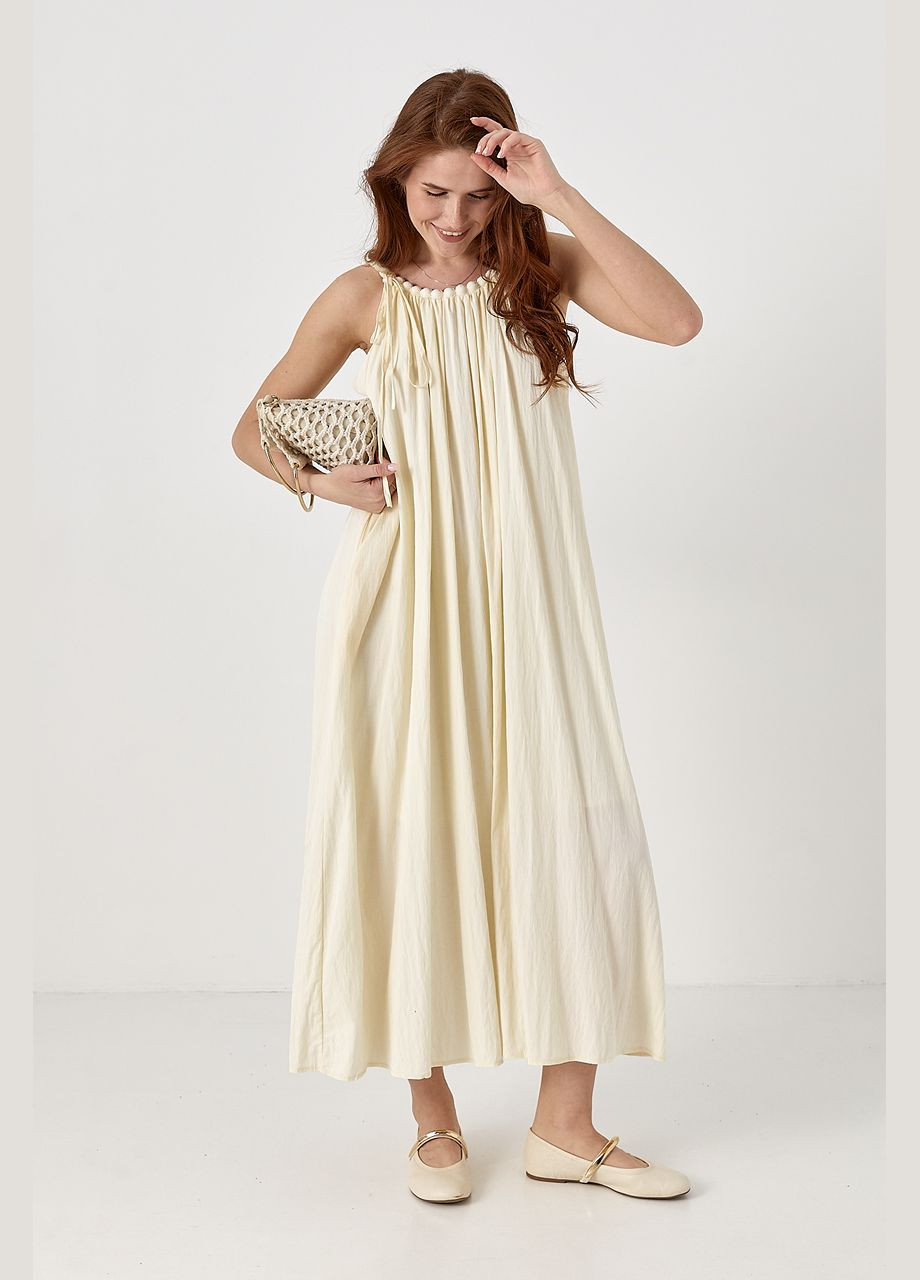Летний женский сарафан на бретелях-бусах расклешенный - кремовый цвет Lurex