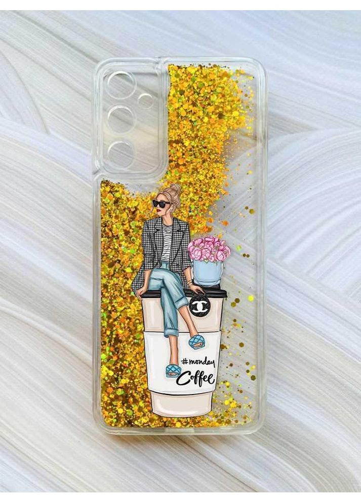 Чохол з плаваючими блискітками на Samsung Galaxy A34 5G (A346) Золотий:: Дівчина на каві (принт 228) CASE CONTROL (360677815)