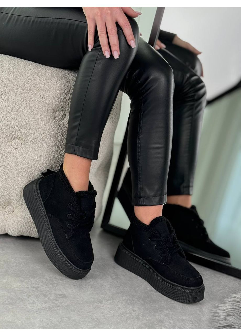 Жіночі зимові черевики Maline, чорні, натуральна замша, на платформі з екохутром No Brand (366079967)