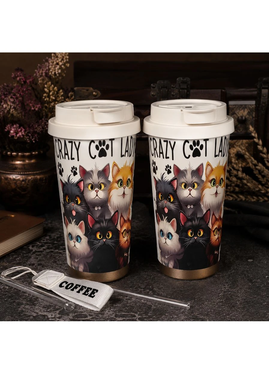 Термокружка "Crazy Cat Lady" 500 мл із кришкою та багаторазовою трубочкою, металева дорожня чашка No Brand (402889244)