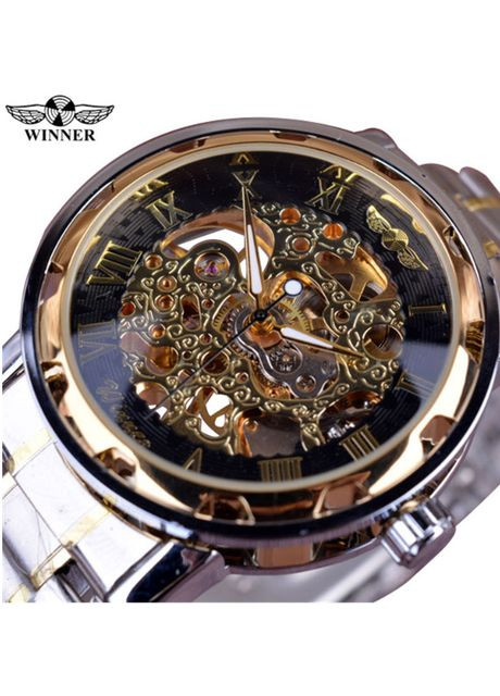 Механічний чоловічий наручний годинник Winner Skeleton з прозорою задньою кришкою срібло з чорно-золотим (sku_1745) No Brand (350906558)