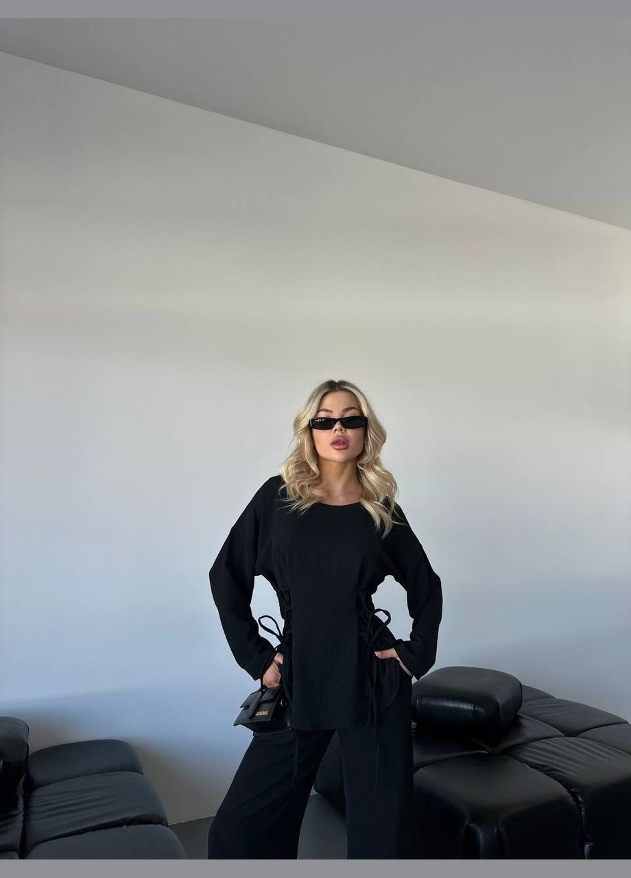 Жіночий чорний літній легкий костюм комплект з жатки зручний якісний трендовий No Brand костюм (291881959)