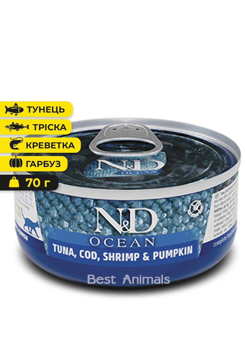 Вологий корм для котів Фарміна N&D Ocean з тунцем тріскою креветкою та гарбузом консерва 70 г 1 шт (8606014101997) Farmina (362702858)