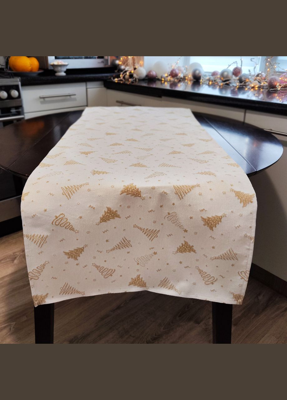 Новогодняя скатерть дорожка на стол бежевая с золотым люрексом, декоративная дорожка на новогодний стол 180, 45 Maystat (306812348)