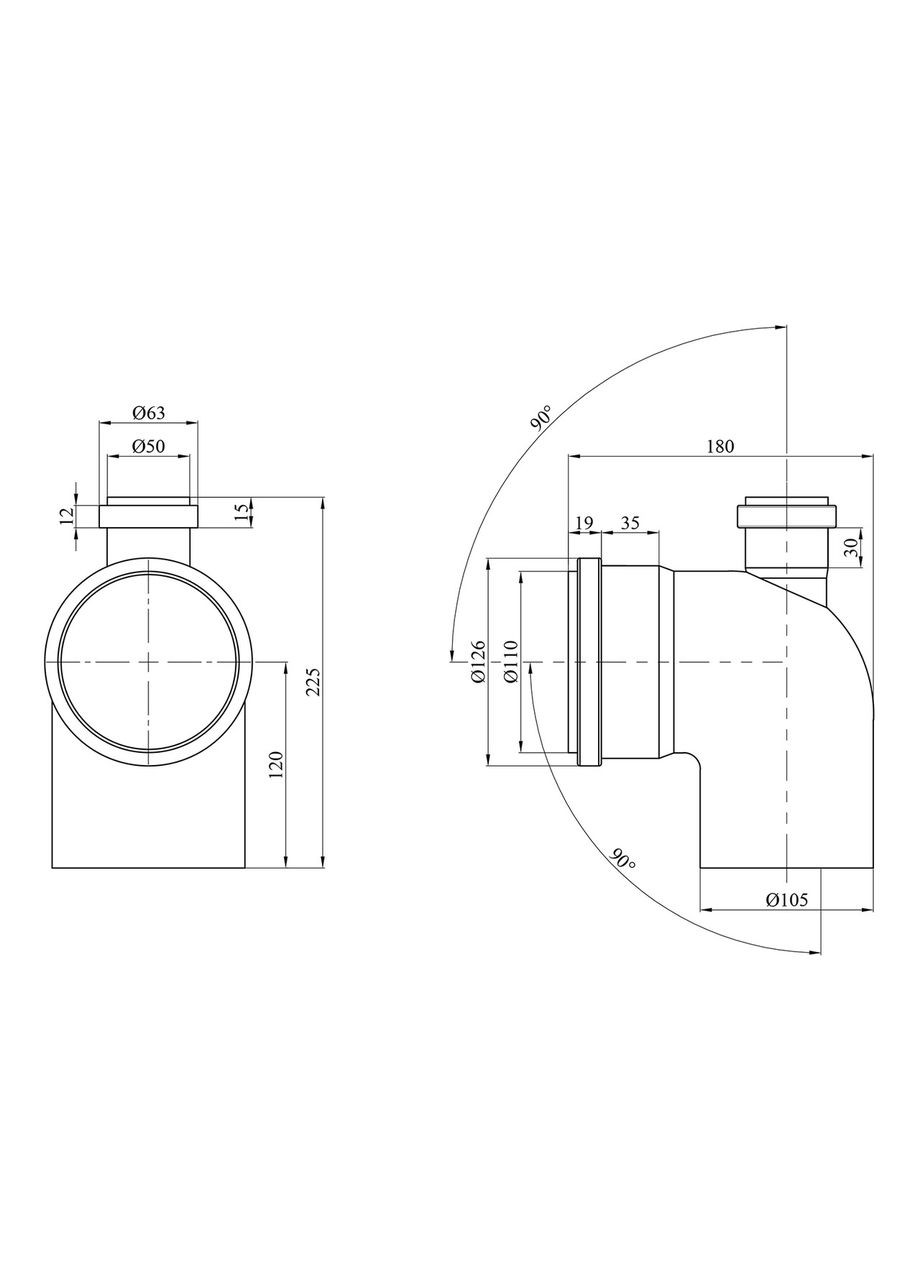 Колено для внутренней канализации 110х90° с отводом 50 мм вверх Baux (368590483)