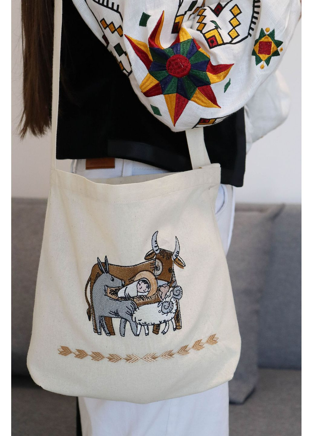 Екосумка дитяча з вишивкою (Вертеп / Різдвяна тематика) / Для посівальника / 100% бавовна, бежева, з кишенею Piccolo (369422179)