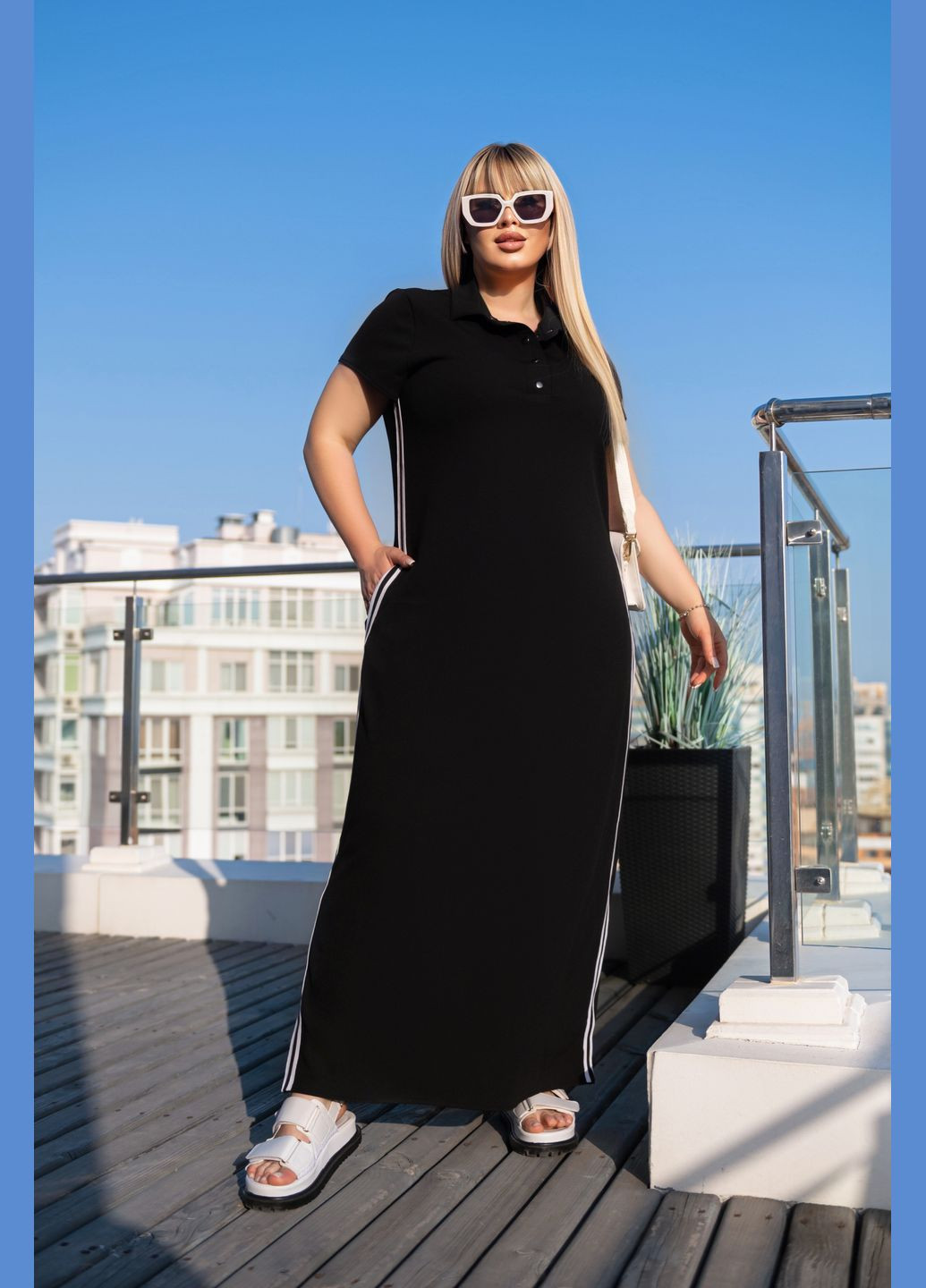 Черное повседневный платье-поло с лампасами рубашка No Brand однотонное