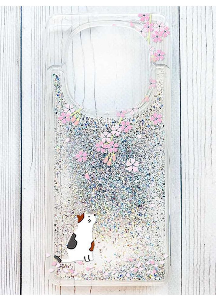 Чехол с плавающими серебряными блестками на Xiaomi Redmi Note 14 Pro 4G Котик и сакура (принт 283) Creative (364316481)