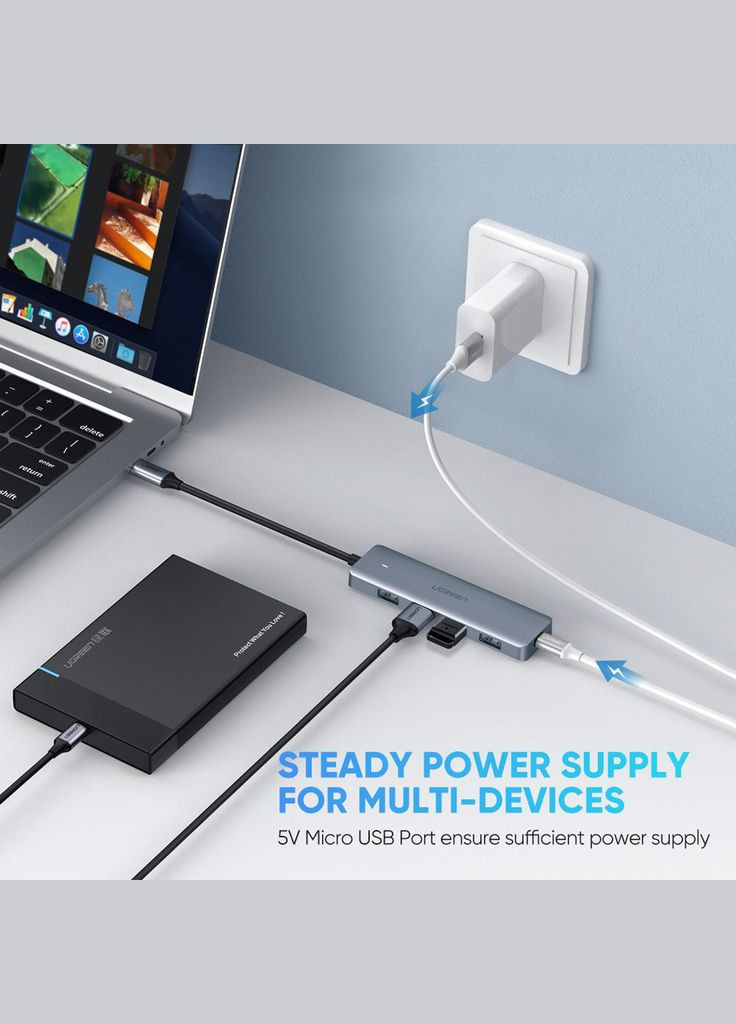 Хаб USB 3.1 TypeC -> 4xUSB 3.0 Активный, CM219 Серый Ugreen (316152136)