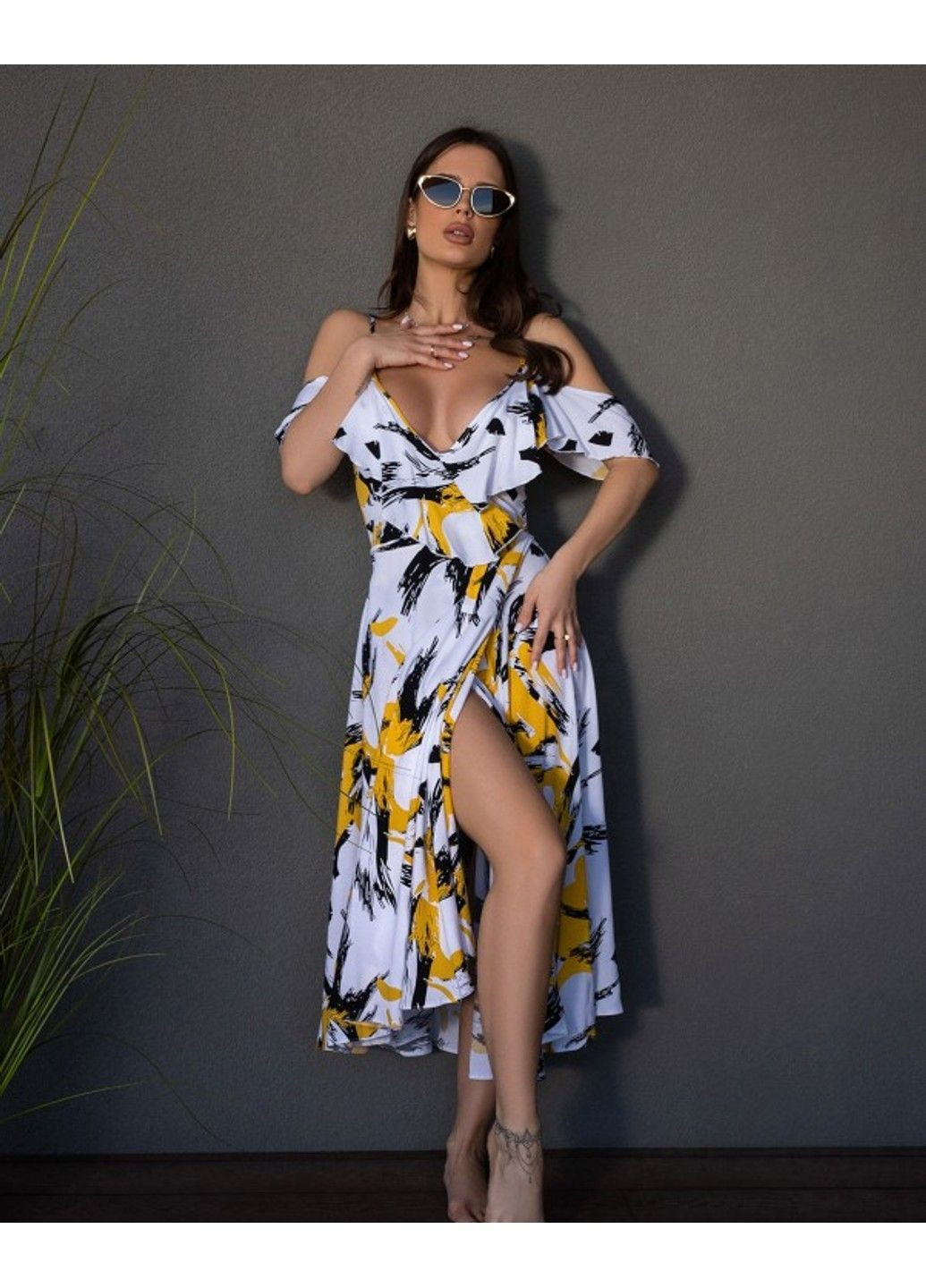 Белое повседневный платья 14678 белый/жёлтый ISSA PLUS