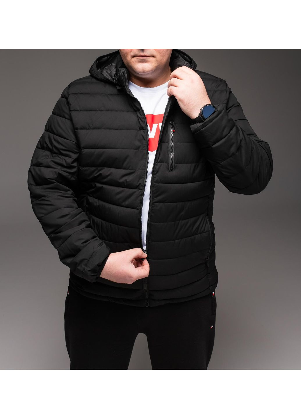 Чорна демісезонна куртка чоловіча утеплена стьобана батал No Brand