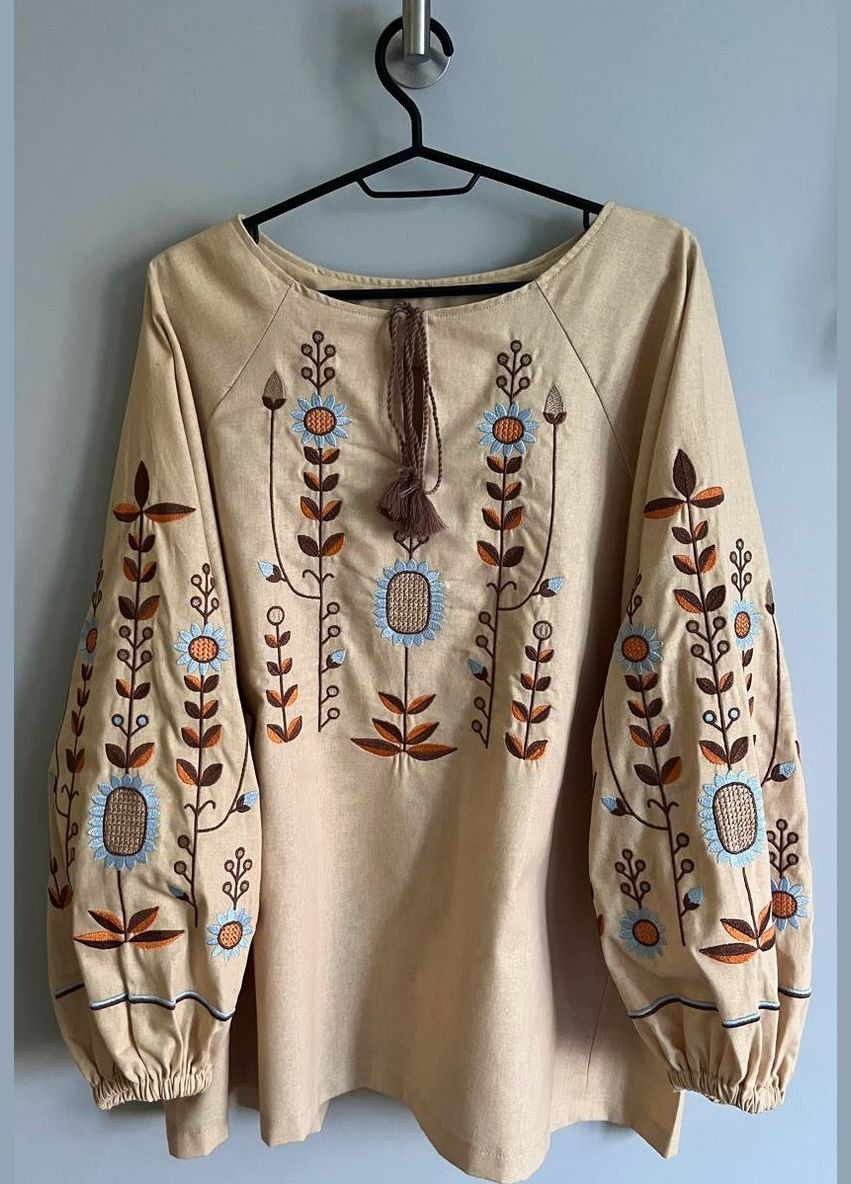 Бежевая женская льняная вышиванка этно рубашка украинская с вышивкой узор цветочный приталенная, свободная, прямой лен (333616097)