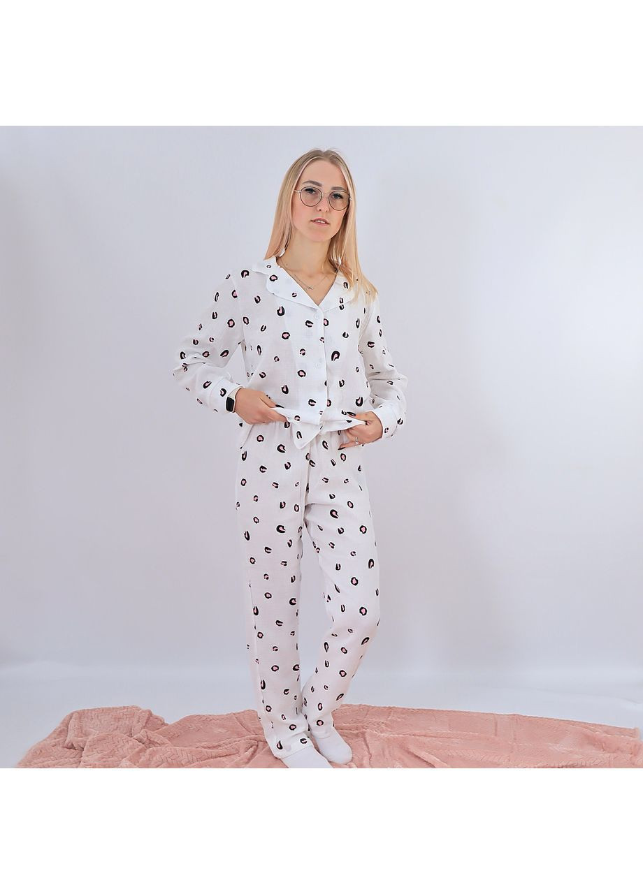 Біла всесезон муслінова жіноча піжама біла з леопардовим принтом сорочка + штани сорочка + брюки No Brand