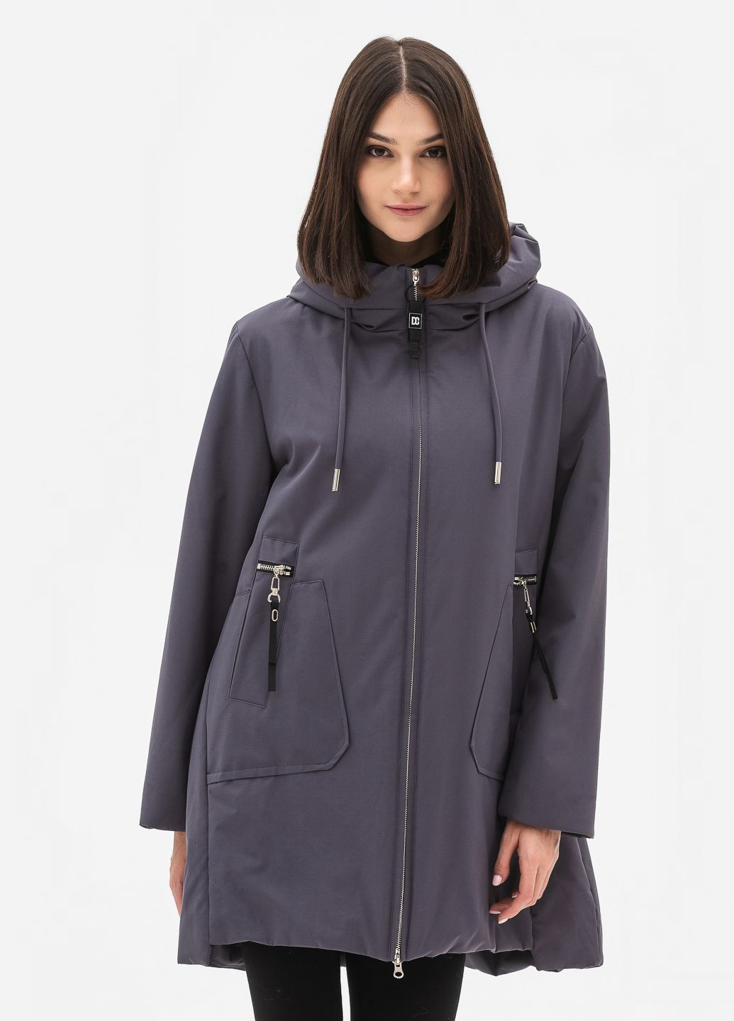 Серая демисезонная куртка женская батальная с капюшоном модель Visdeer 957