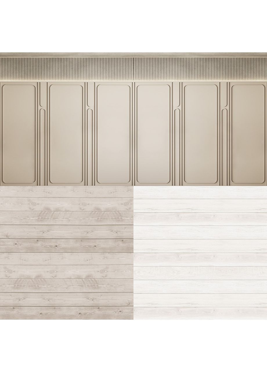 Вініловий фон 3D кутовий, бежеві панелі неокласика, підлога світле дерево і вибілені дошки, 50×50 см, №58203 PhotoVinyl (354358513)