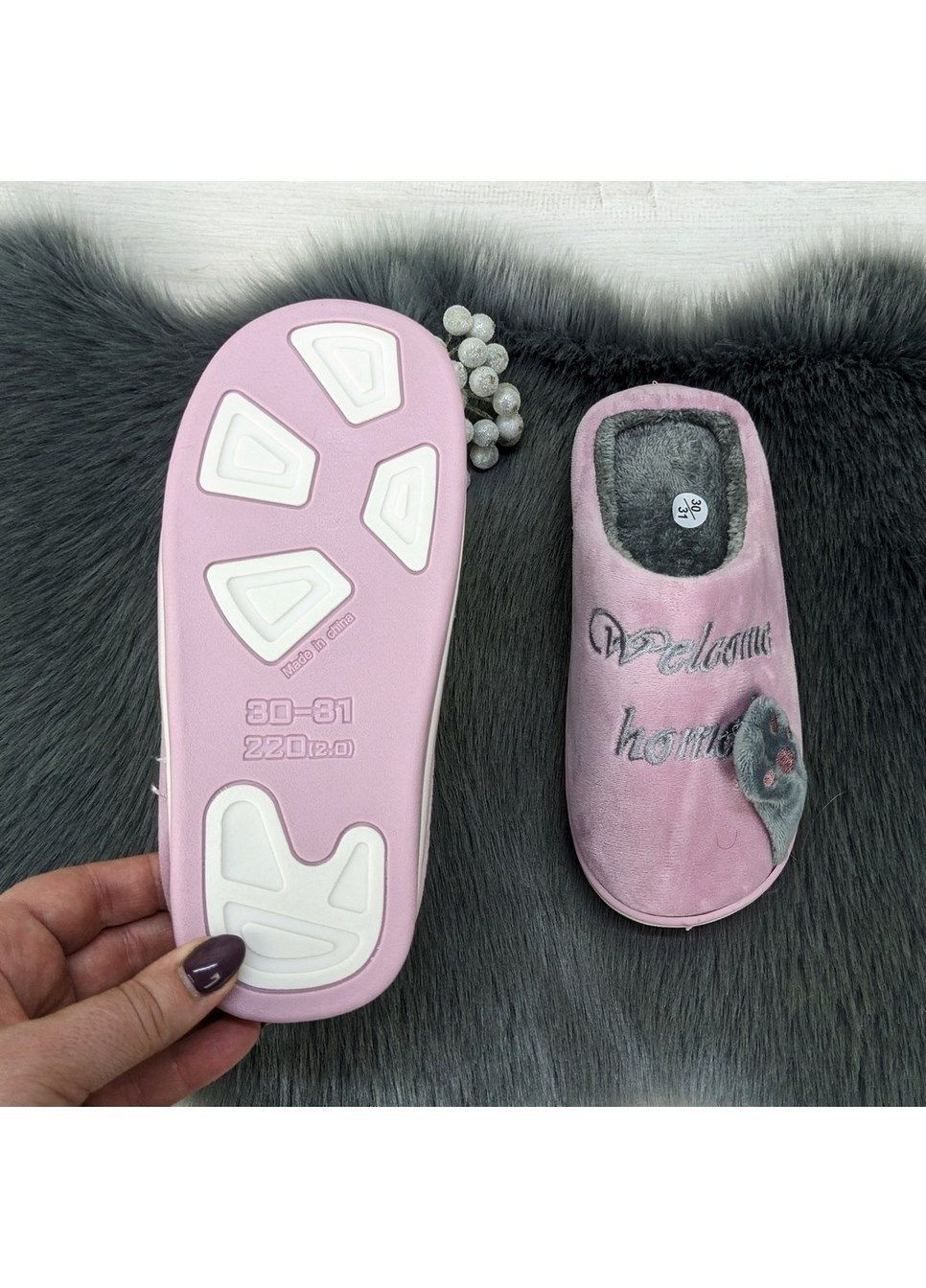 Сиреневые тапочки детские теплые с котиками Lion