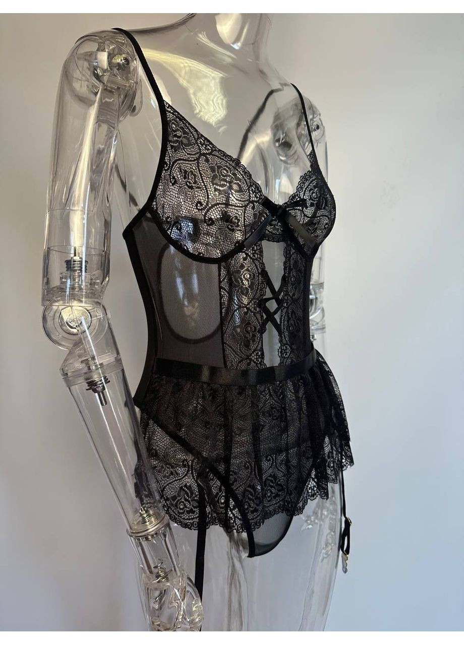 Спокусливий мягкий жіночий мереживний боді з вшитими підтяжками розмір 42-46 чорний No Brand Marchese (317299125)