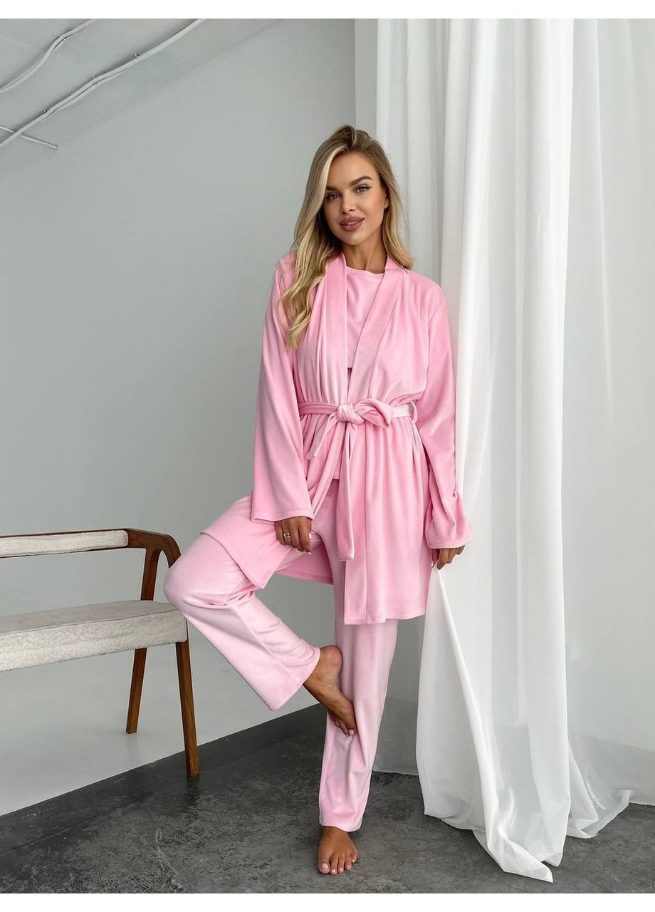 Рожевий демісезонний комплект жіночий домашня піжама трійка трикотаж велюр:халат,штани та майка Україна