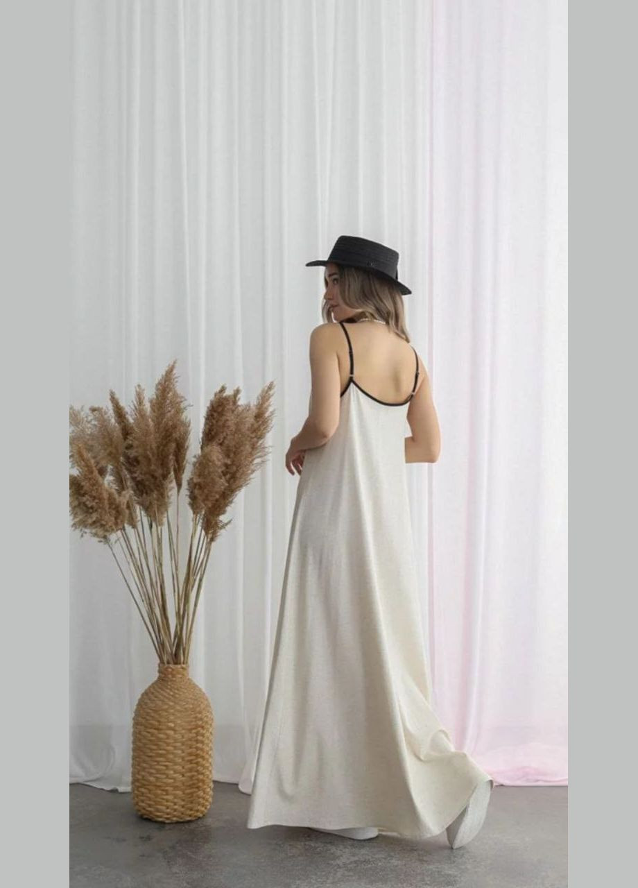 Бежевое повседневный, праздничный, вечернее льняное платье-сарафан макси Amos однотонное
