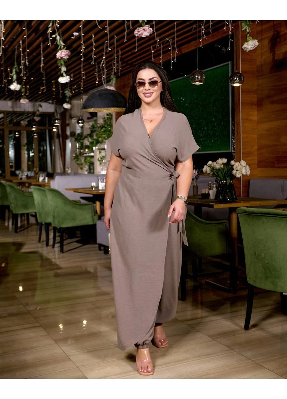 Комбинезон женский нарядный Style Point комбинезон-брюки однотонный коричневый праздничный, повседневный, кэжуал лен