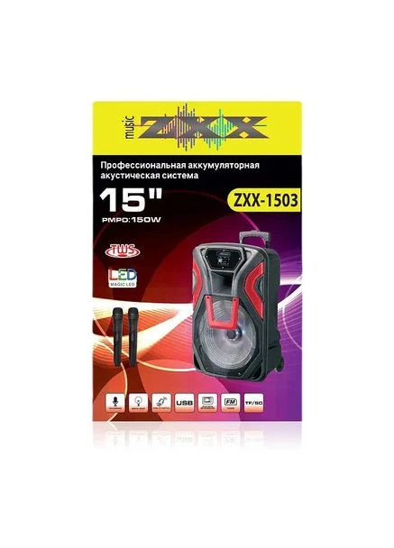 Акустична система RIAS ZXX-1503 15" + мікрофон Bluetooth/USB/SD/FM 3000 mAh 60W Black-Red (3_05068) No Brand (395876121)
