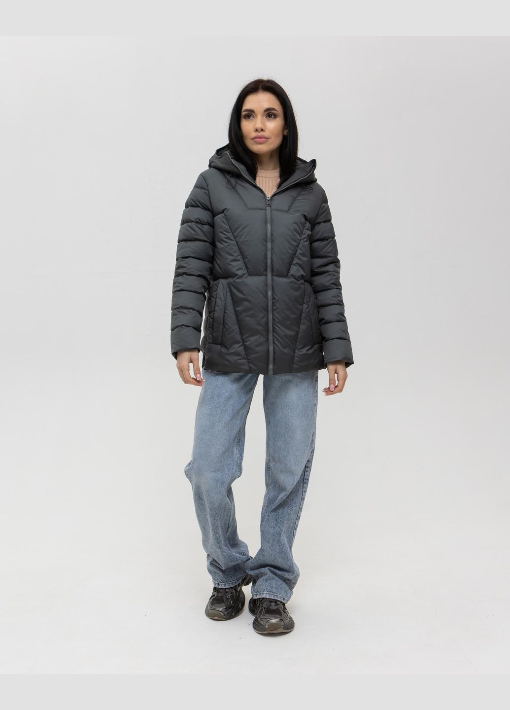 Графітова демісезонна жіноча стьобана куртка на теплу зиму - весну- осінь Vakko