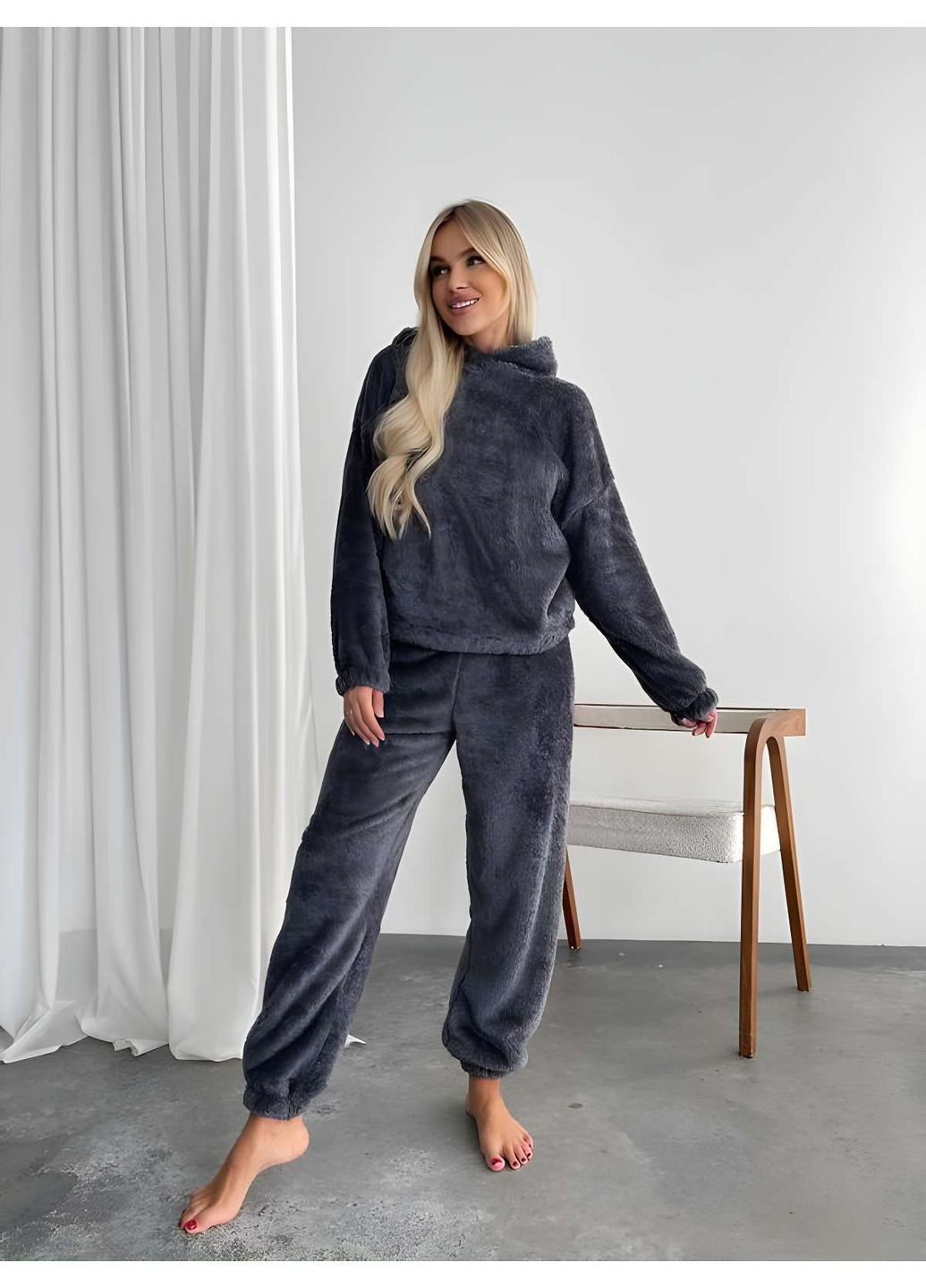 Графитовая зимняя женская теплая зимняя плюшевая пижама, теплый зимний домашний костюм с ушками. Україна