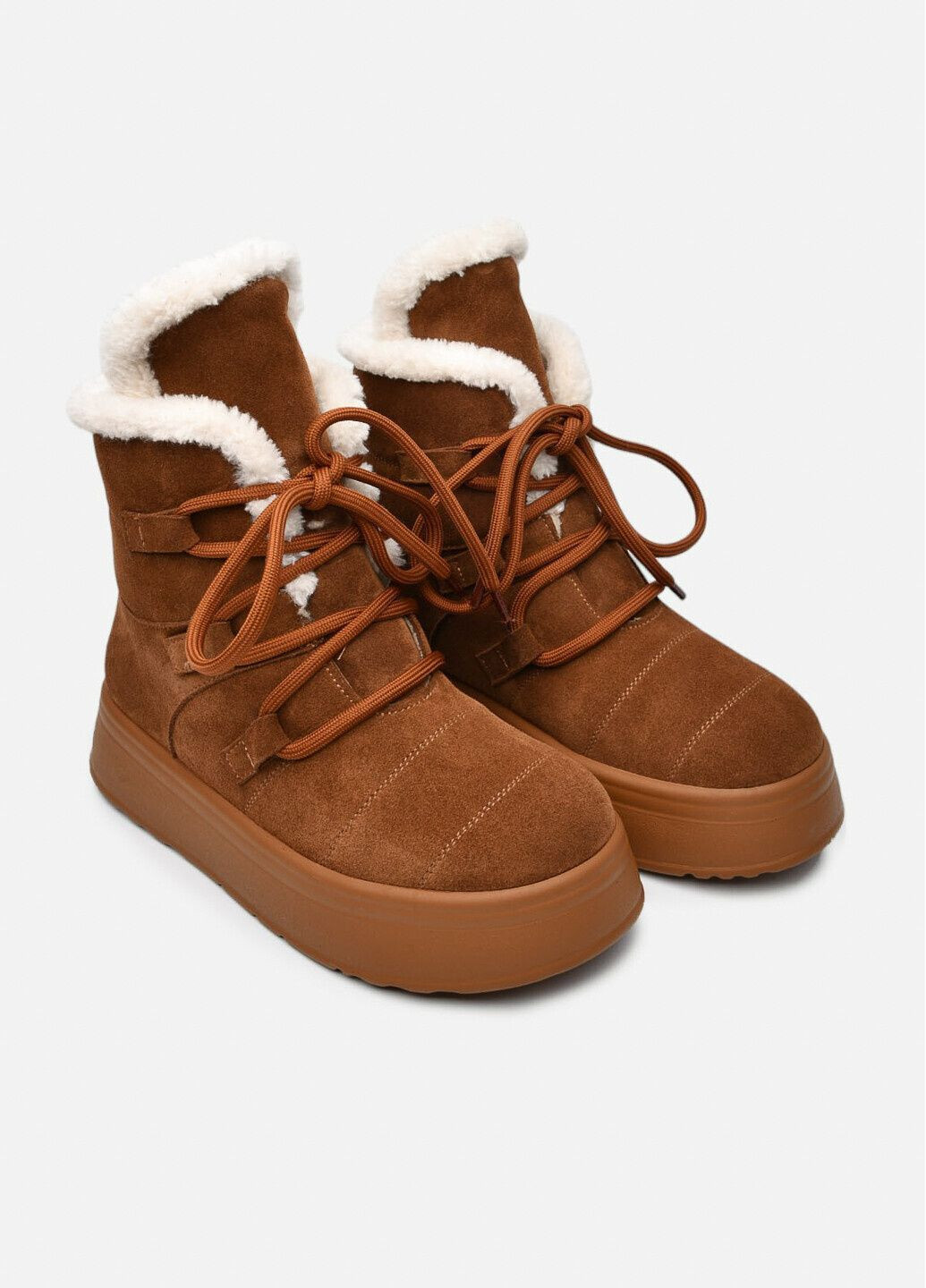 Зимние женские зимние замшевые рыжие ботинки-угги на шнурках с меховой опушкой на высокой подошве (отшив 3 дня) Paradize из натуральной замши