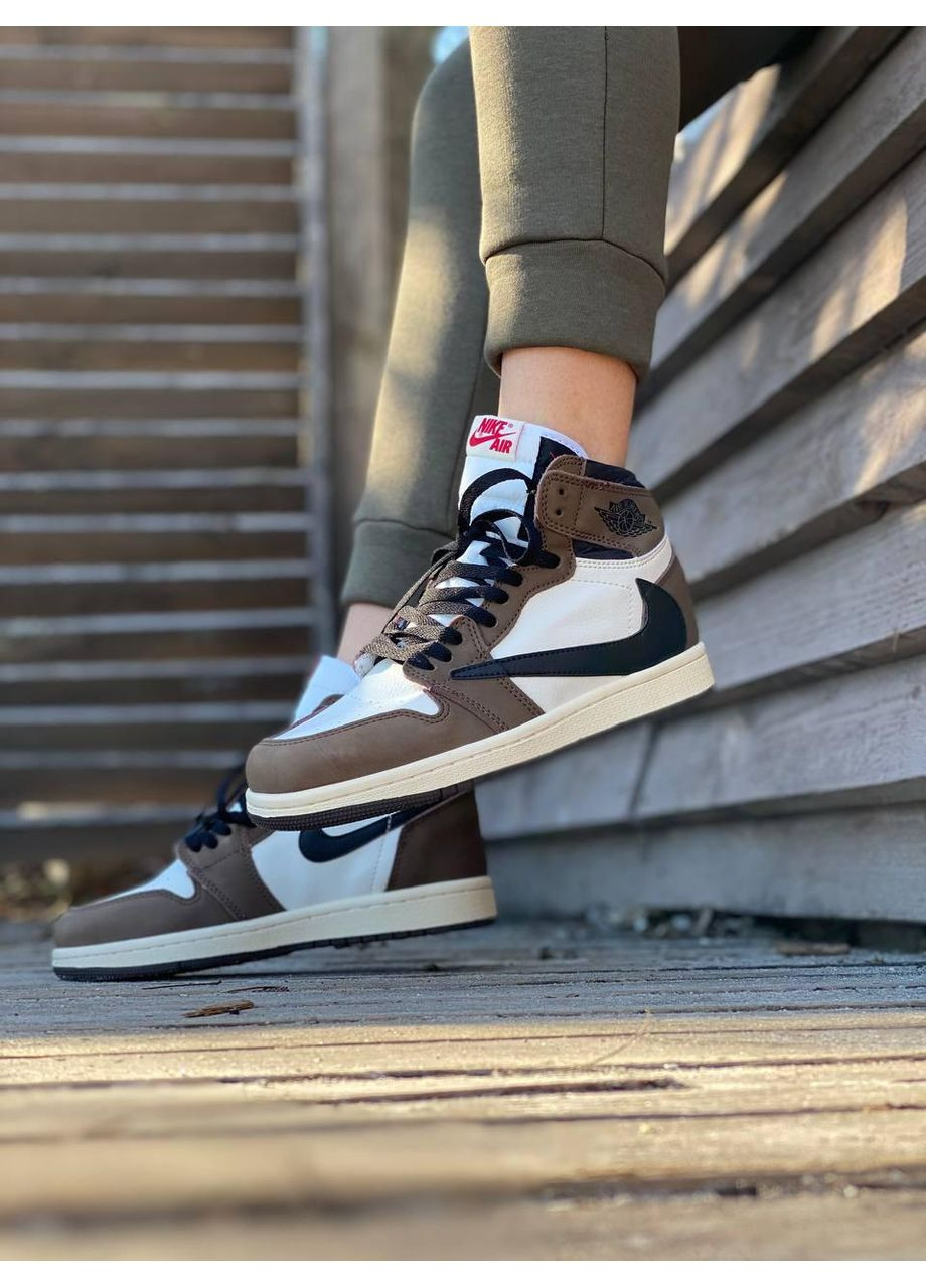 Белые демисезонные кроссовки мужские nike air jordan 1 retro high x travis scott найк аир джордан No Brand