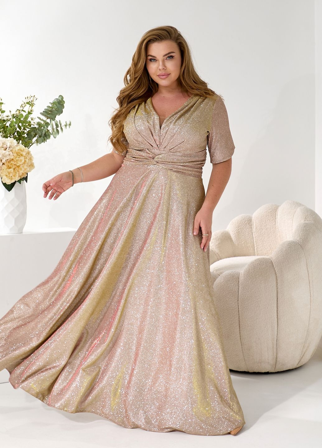 Золотистий святковий, карнавальний, коктейльна, вечірня вечірня сукня максі з глітером блискуча ампір святкова дзвін, кльош, в стилі армпір No Brand однотонна