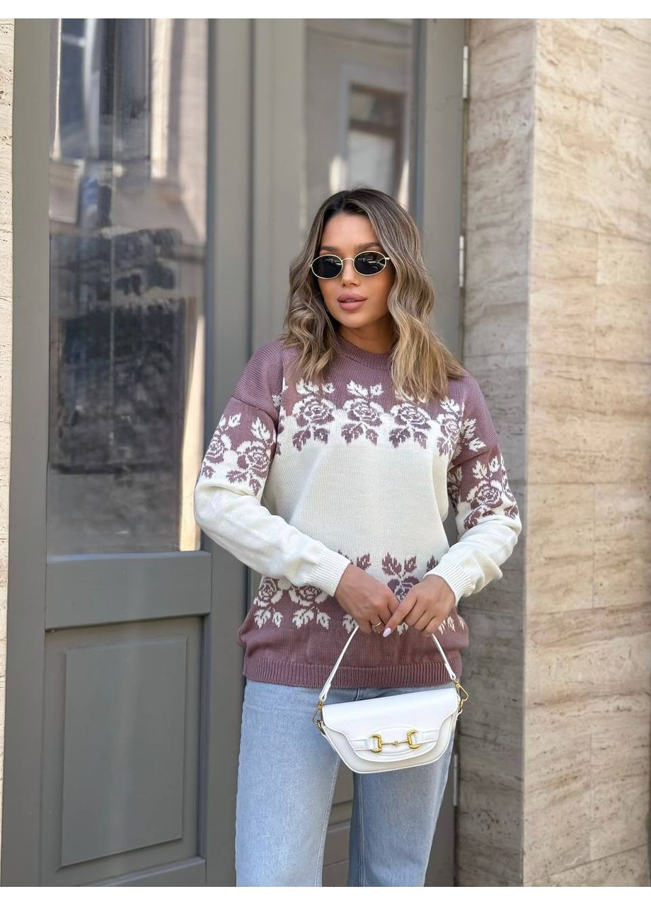 Молочний жіночий теплий вязаний светр оксана з трояндами молочний You Best