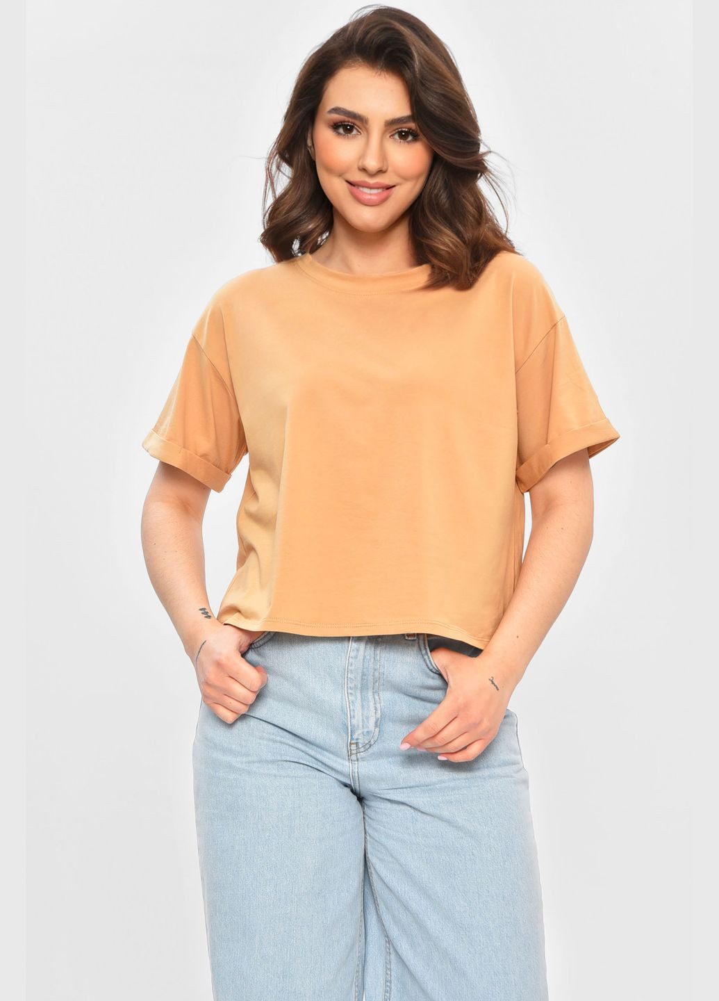 Футболка женская однотонная светло-коричневого цвета Let's Shop - (332565055)