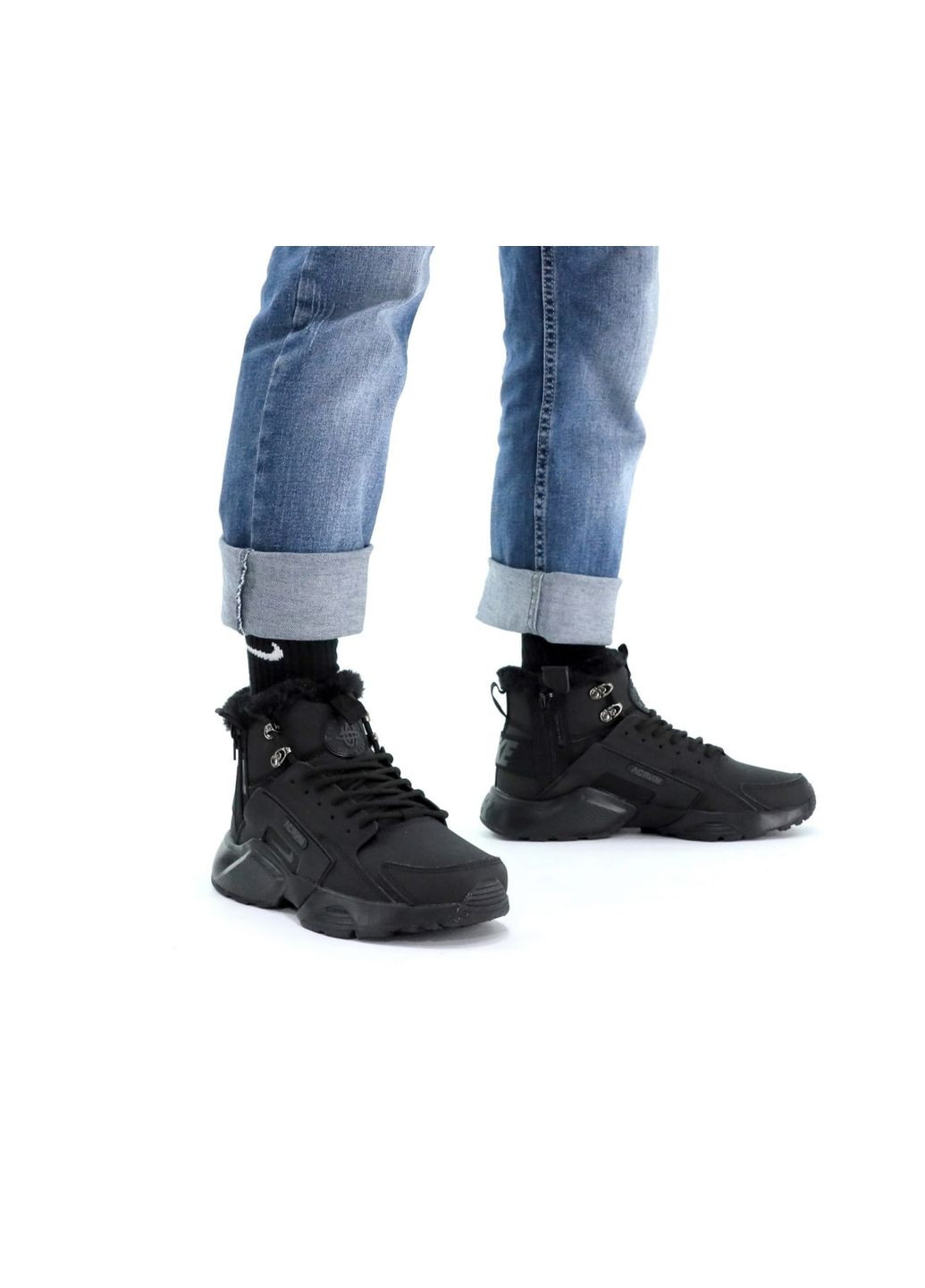 Чорні Зимовий кросівки зимові чоловічі nike huarache x acronym winter mid black fur | найк хуарачі х акронум високі чорні з хутром No Brand
