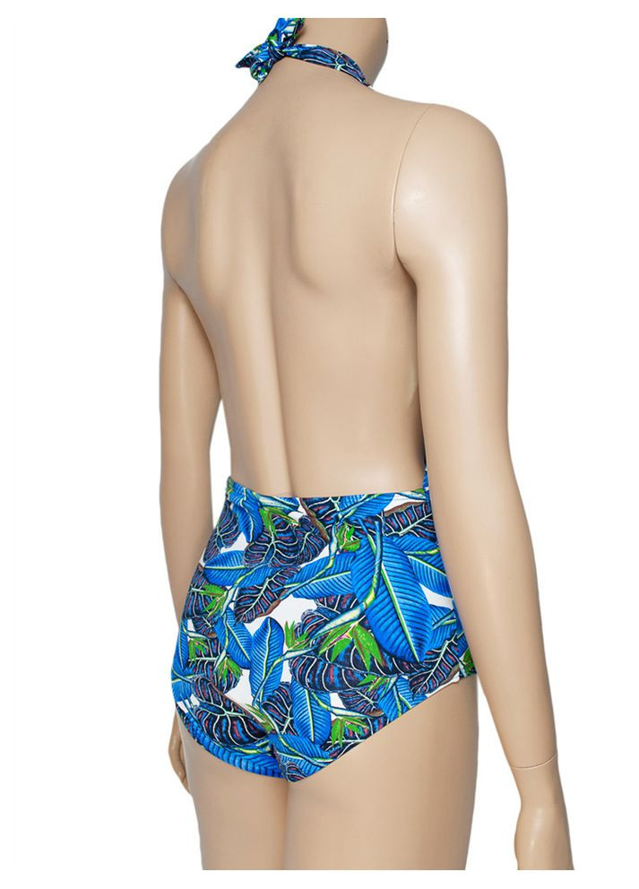 Блакитний літній суцільний купальник з глибоким декольте та відкритою спинкою модель 0293 арт.6053 хай нек, суцільний, халтер Samegame