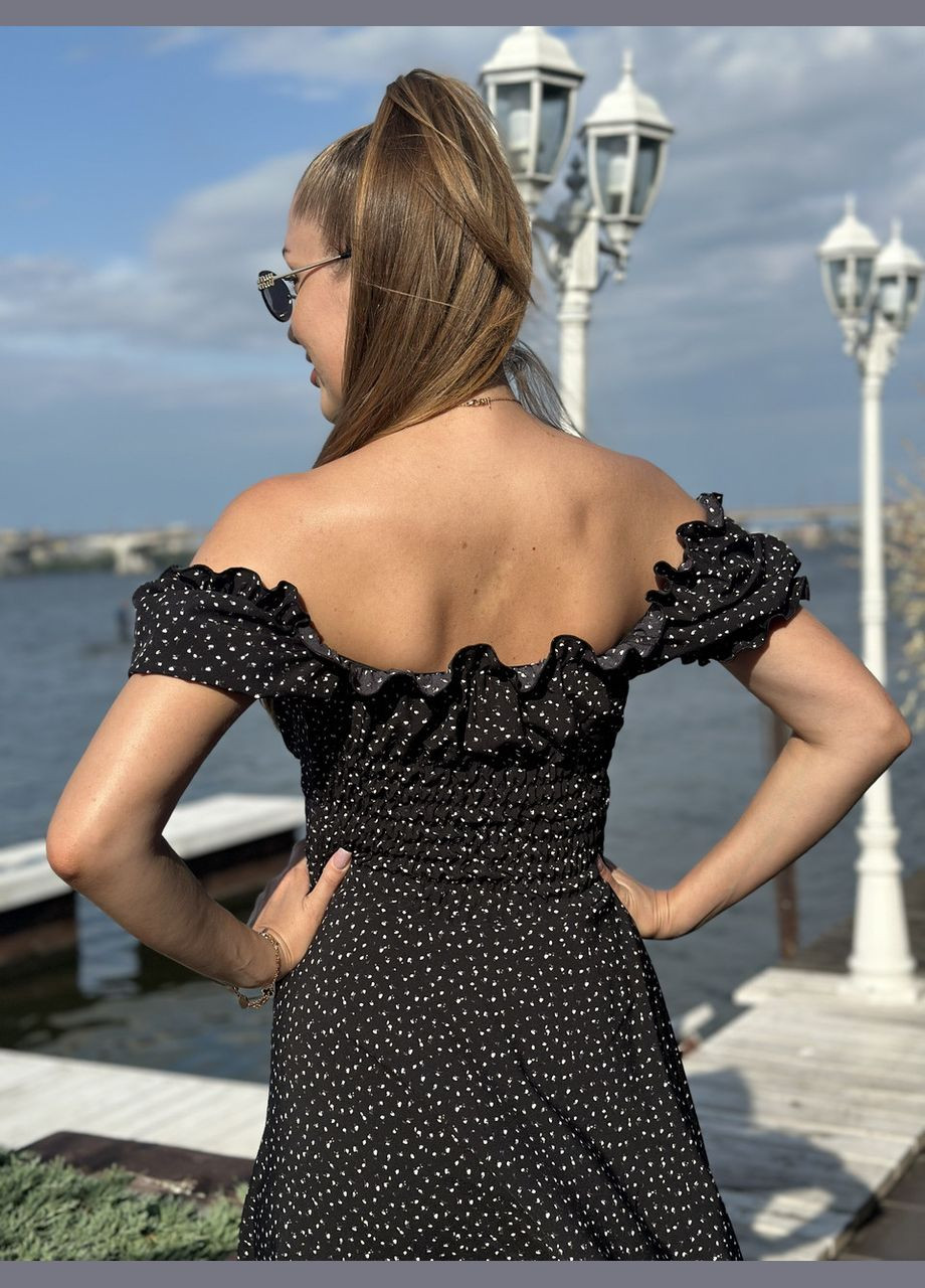 Чорна жіноча сукня міді софт чорний з білими крапочками Maybel