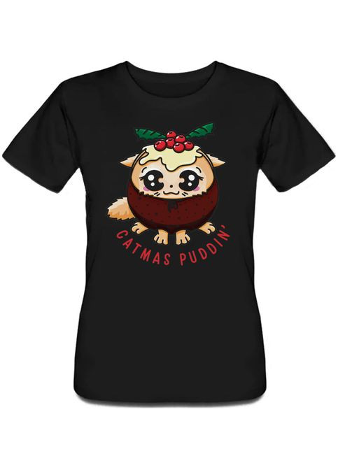 Черная летняя женская новогодняя футболка catmas puddin' (чёрная) Fat Cat