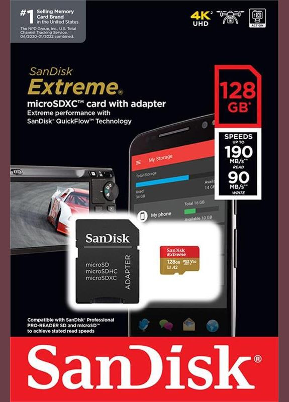 Карта пам`ятi MicroSDXC 128GB C10 UHS-I Extreme V30 U3 R190/W90MB/s + SD (SDSQXAA-128G-GN6MA) SanDisk (336959845)