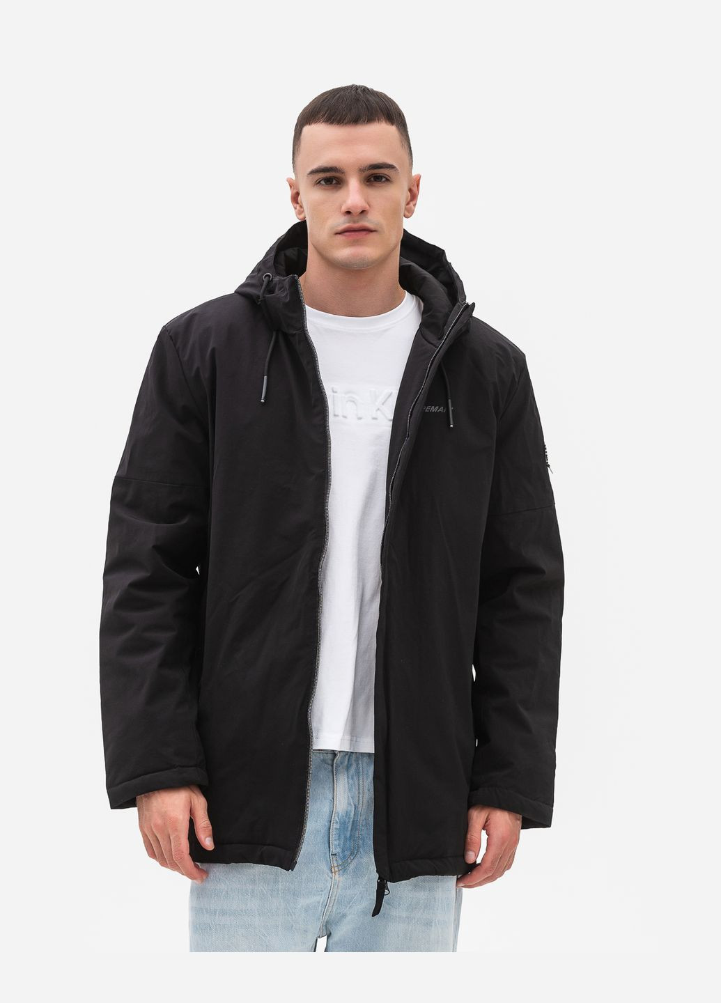 Чорна демісезонна подовжена куртка з капюшоном модель ZPJV 7676