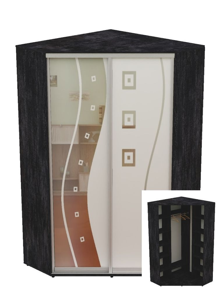 Шафа-купе дводверна кутова 150*150*250 Бетон темний Дзеркало з піскострумним малюнком Угол-5 Алекса (360453453)