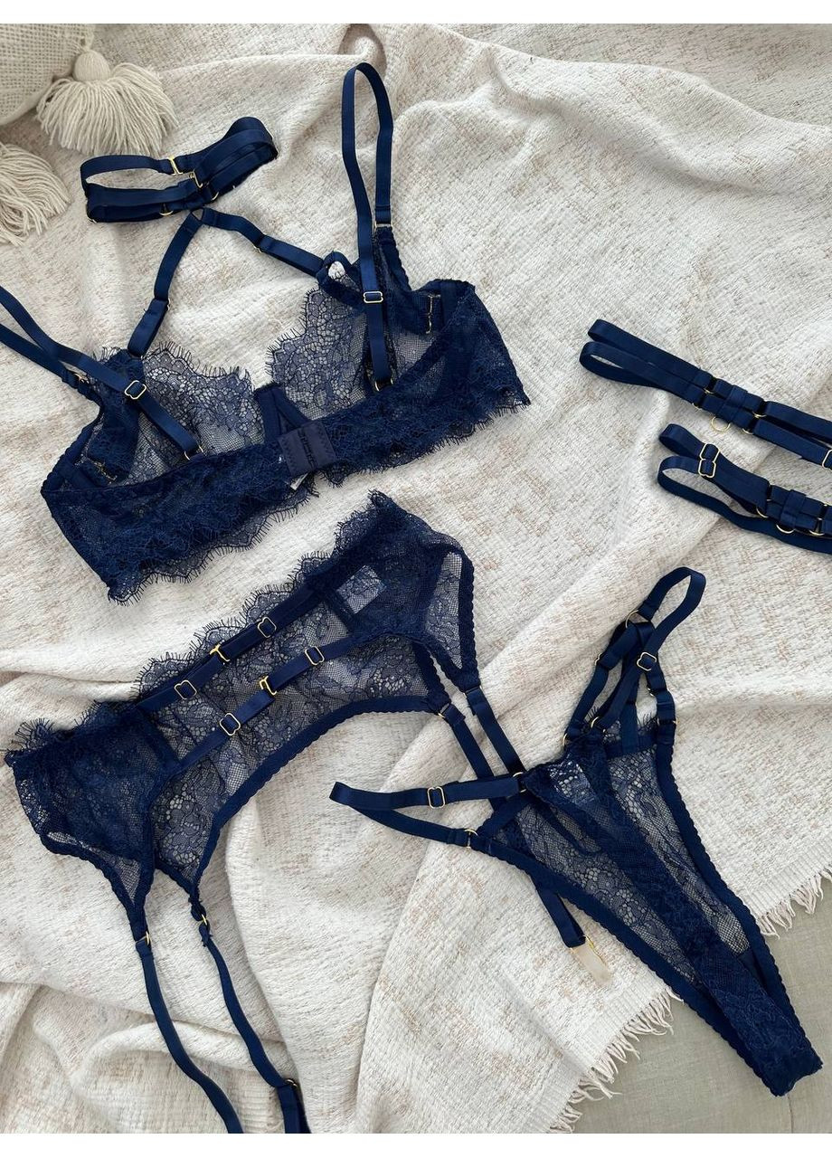 Синий балконет комплект женского белья | нежный кружевной, синее соблазнение Vital-Textile с косточками полиэстер, эластан